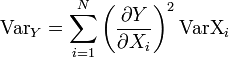 
\operatorname{Var}_Y = \sum_{i=1}^{N} \left(\frac{\partial Y}{\partial X_i}\right)^2 \operatorname{VarX}_i
